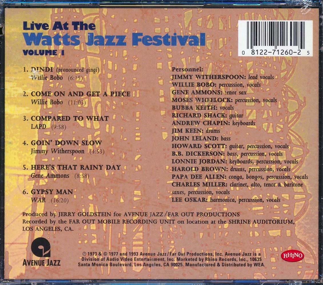 WAR, Willie Bobo, Gene Ammons, Etc - Live At The Watts Jazz Festival Volume 1 CD 081227126025